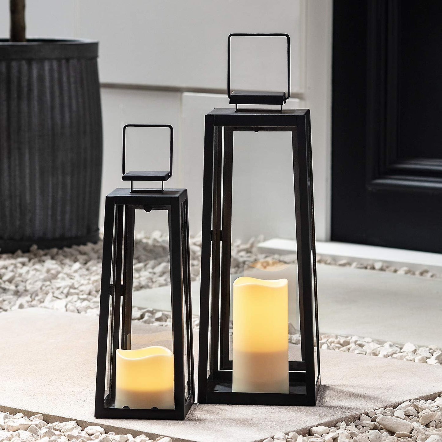 Trapezoidal Black Metal and Glass Lantern