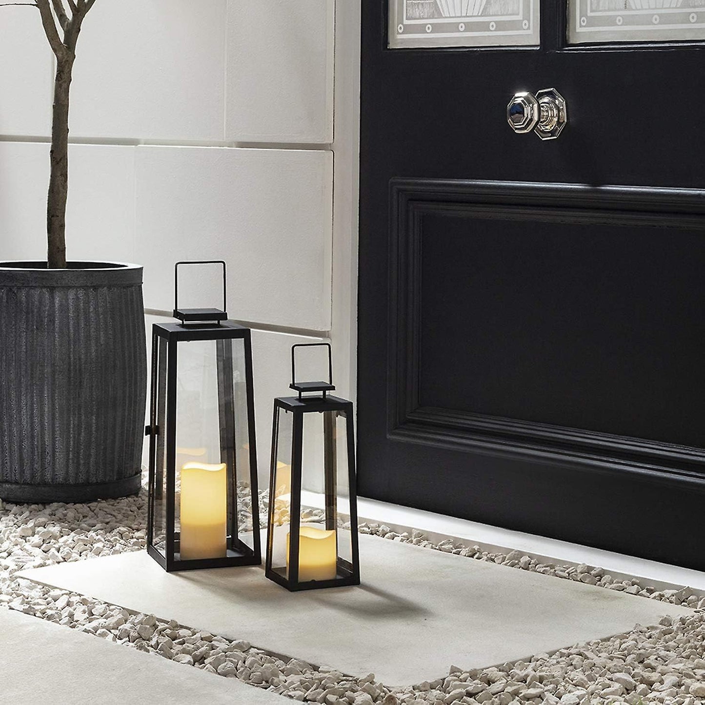 Trapezoidal Black Metal and Glass Lantern