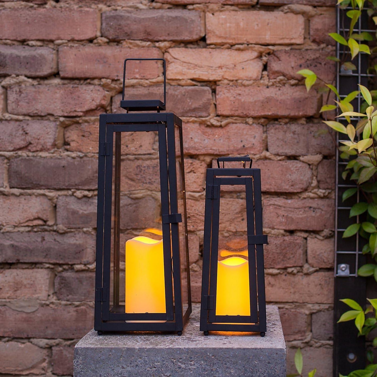 Trapezoidal Black Metal and Glass Lantern